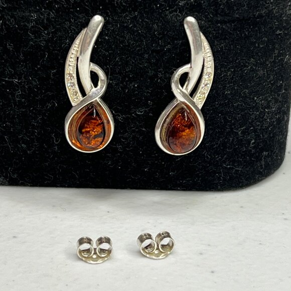 Sterling Silver 925 Cognac Baltic Amber Earrings With Cubic Zirconia Accents - Picture 5 of 11